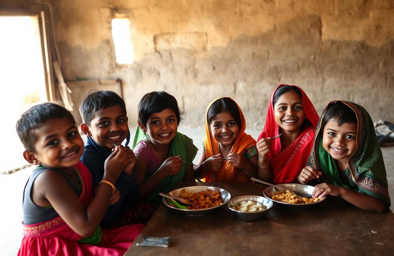 बच्चे एक साथ बैठकर भोजन करते हुए